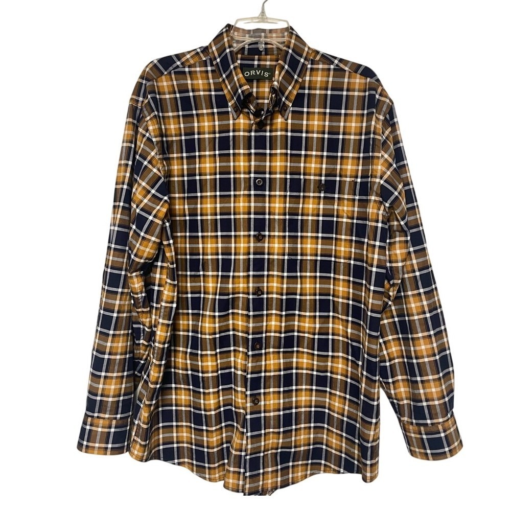 Orvis Signature Twill Cotton‎ Navy Gold Plaid Button Down Shirt Men's Large